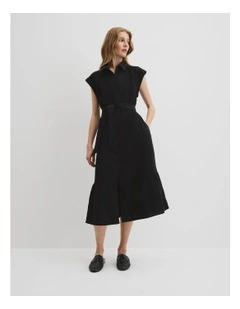 Organically Grown Linen Tiered Midi Dress in Black