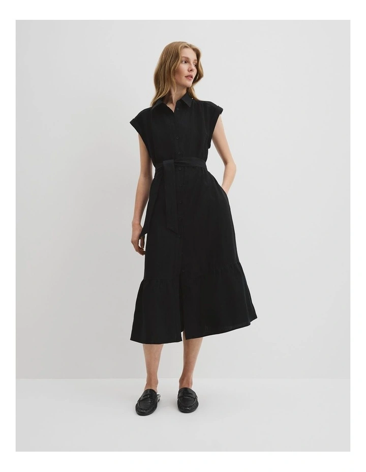 Organically Grown Linen Tiered Midi Dress in Black image 1
