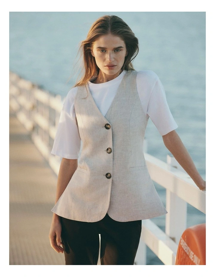 Organically Grown Linen A-line Tailored Vest in Sand image 2