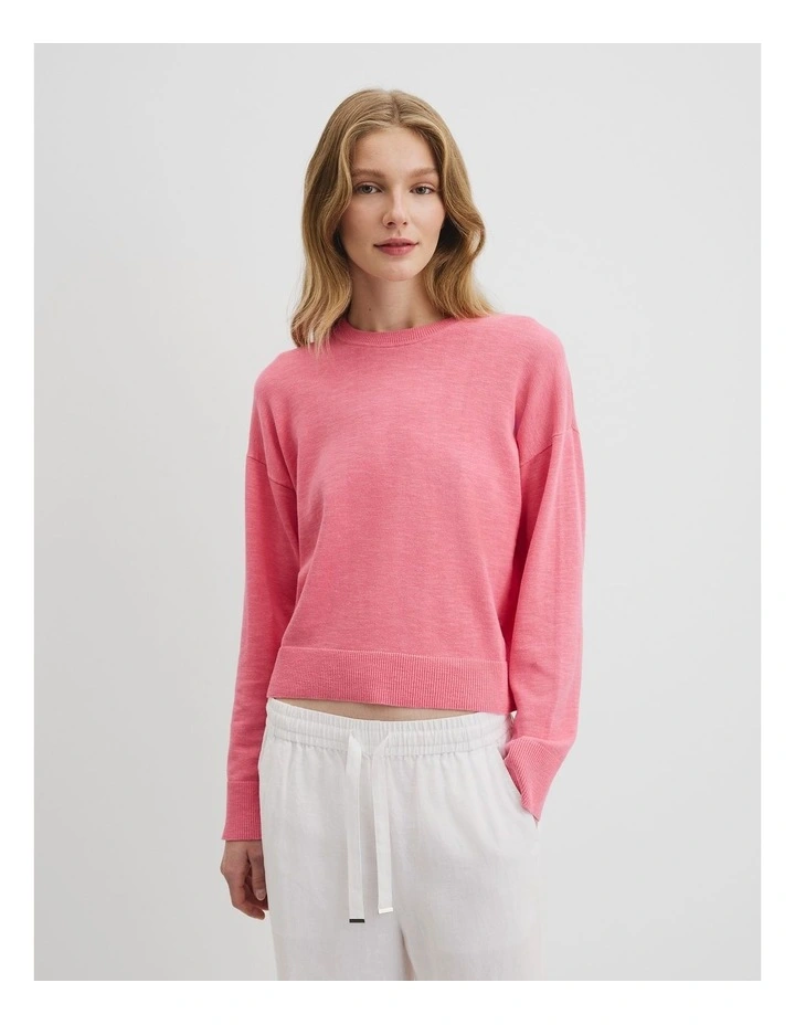 Organically Grown Cotton Linen Crew Neck Knit in Rouge Pink image 1