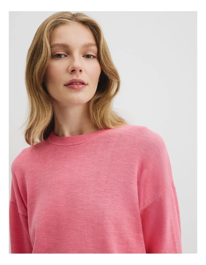 Organically Grown Cotton Linen Crew Neck Knit in Rouge Pink image 2