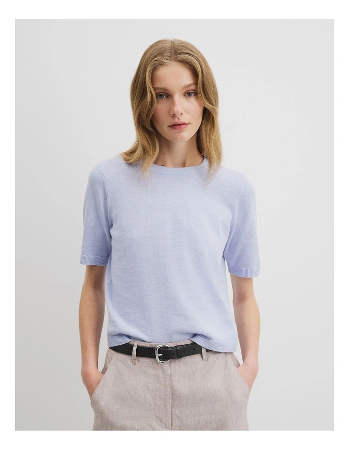 Organically Grown Cotton Linen Short Sleeve Knit T-shirt in Ice Blue image 1