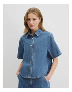 Short Sleeve Denim Shirt in Mid Blue Wash