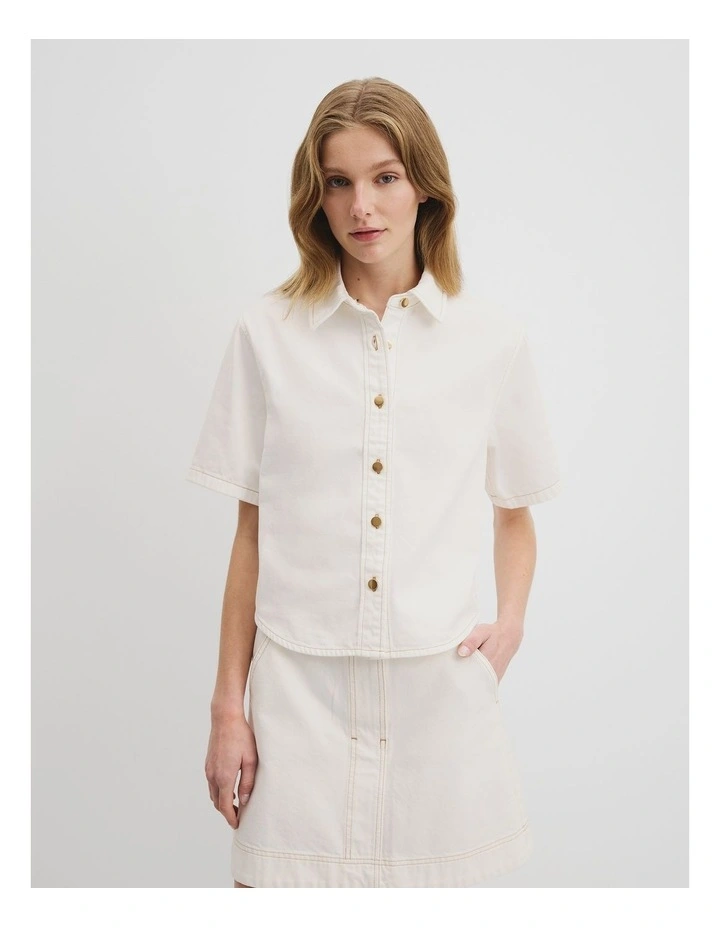 Short Sleeve Denim Shirt in White image 1