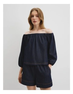 Denim Off Shoulder Top in Indigo Rinse