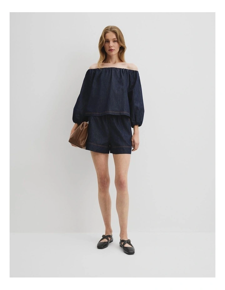 Denim Off Shoulder Top in Indigo Rinse image 3