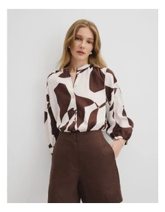 Organically Grown Cotton Blouson Blouse in Cocoa Geo