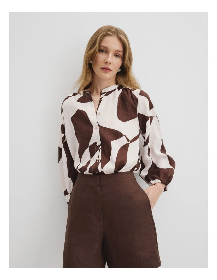 Organically Grown Cotton Blouson Blouse in Cocoa Geo image 1