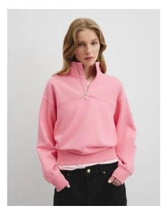 Australian Cotton Logo Neck Zip Sweat in Rouge Pink