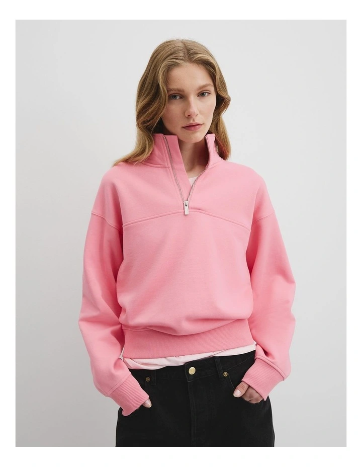 Australian Cotton Logo Neck Zip Sweat in Rouge Pink image 1