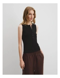 Button Henley Tank in Black