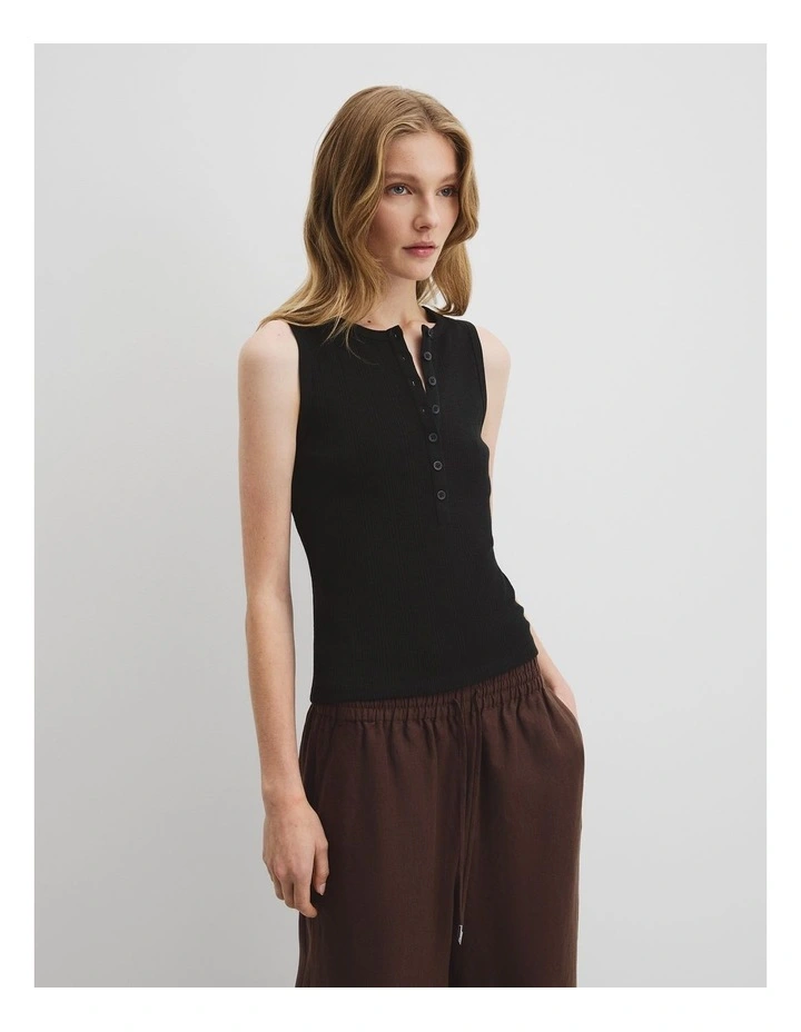 Button Henley Tank in Black image 1