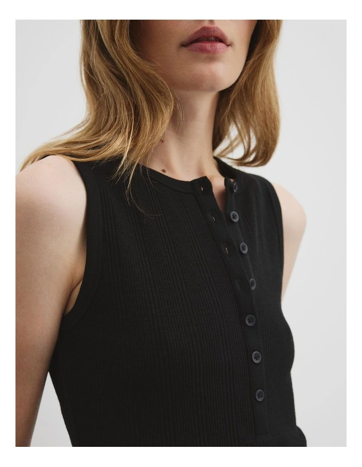 Button Henley Tank in Black image 2