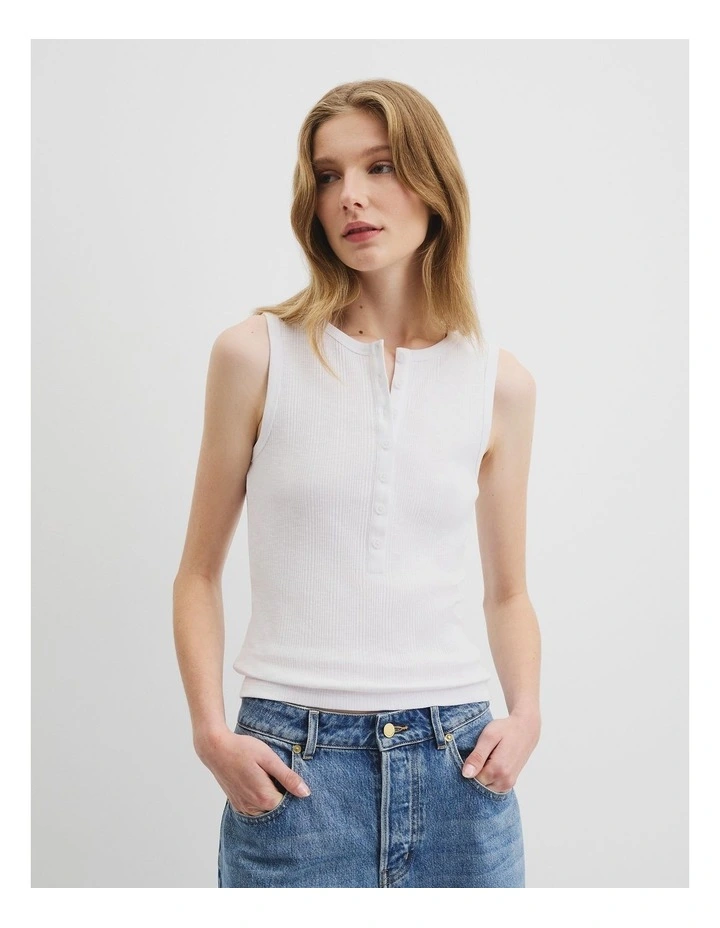 Button Henley Tank in White image 2