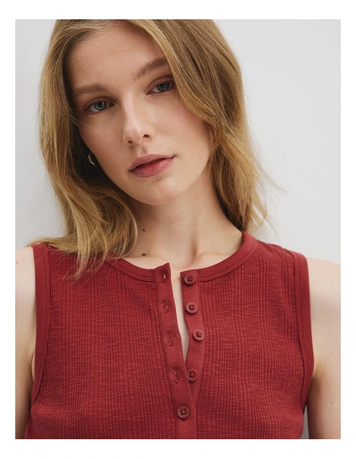 Button Henley Tank in Brick image 2