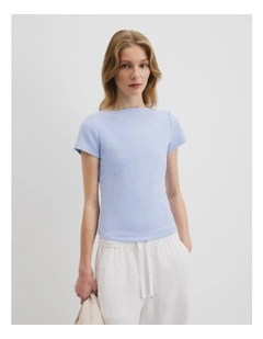 Australian Cotton Boat Neck Rib T-shirt in Ice Blue