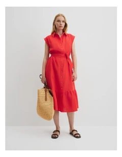 Organically Grown Linen Tiered Midi Dress in Vivid Red