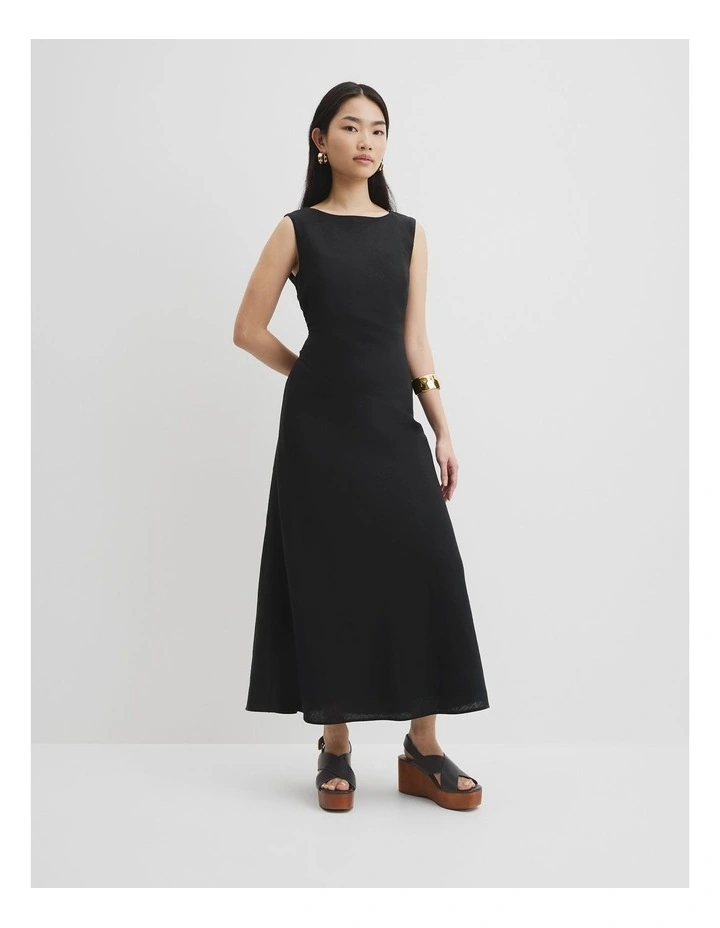 Organically Grown Linen Rouched Maxi Dress in Black image 1