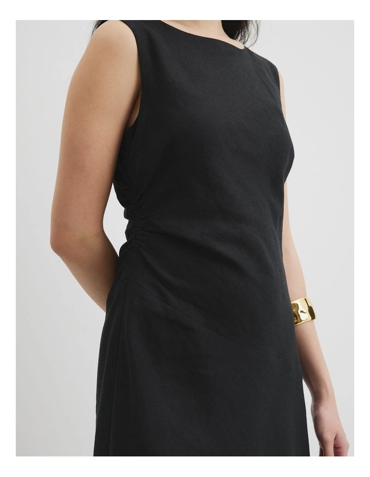 Organically Grown Linen Rouched Maxi Dress in Black image 3