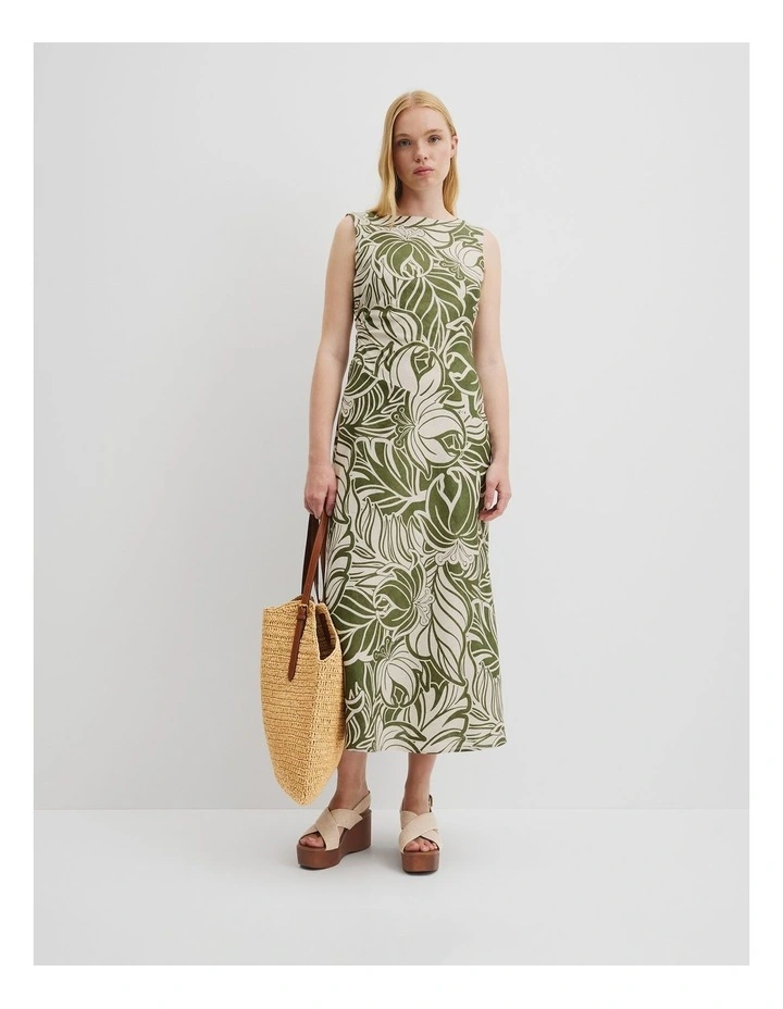 Organically Grown Linen Print Rouched Maxi Dress in Etched Tropical image 1
