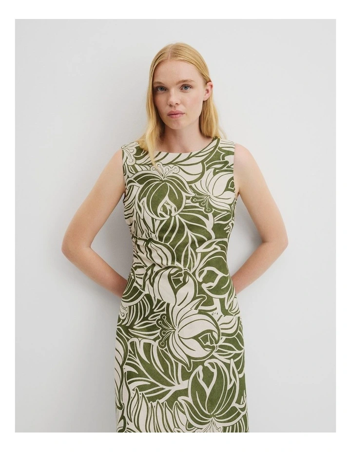 Organically Grown Linen Print Rouched Maxi Dress in Etched Tropical image 3