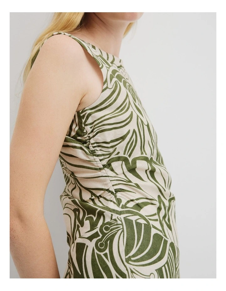 Organically Grown Linen Print Rouched Maxi Dress in Etched Tropical image 4