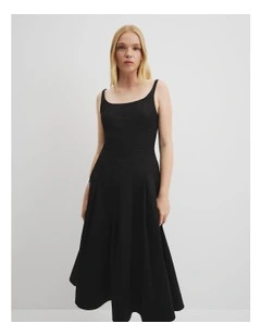 Organically Grown Linen Panelled Fit And Flare Dress in Black