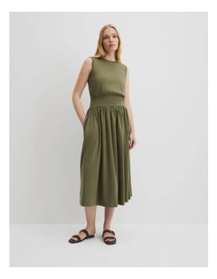 Australian Cotton Jersey Gather Dress in Caper