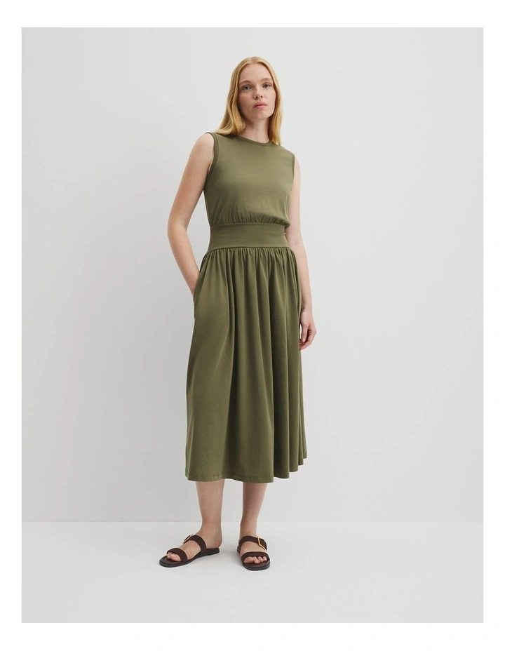 Australian Cotton Jersey Gather Dress in Caper image 1