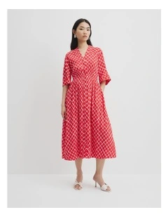 Organically Grown Linen Print Shirt Dress in Vivid Red Twisted Geo