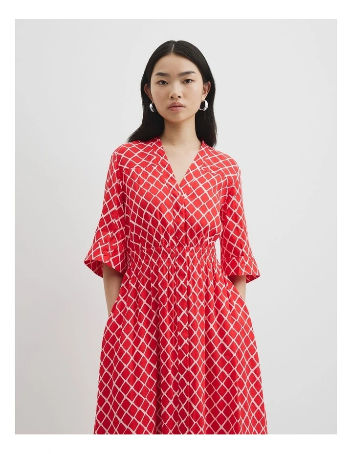 Organically Grown Linen Print Shirt Dress in Vivid Red Twisted Geo image 2