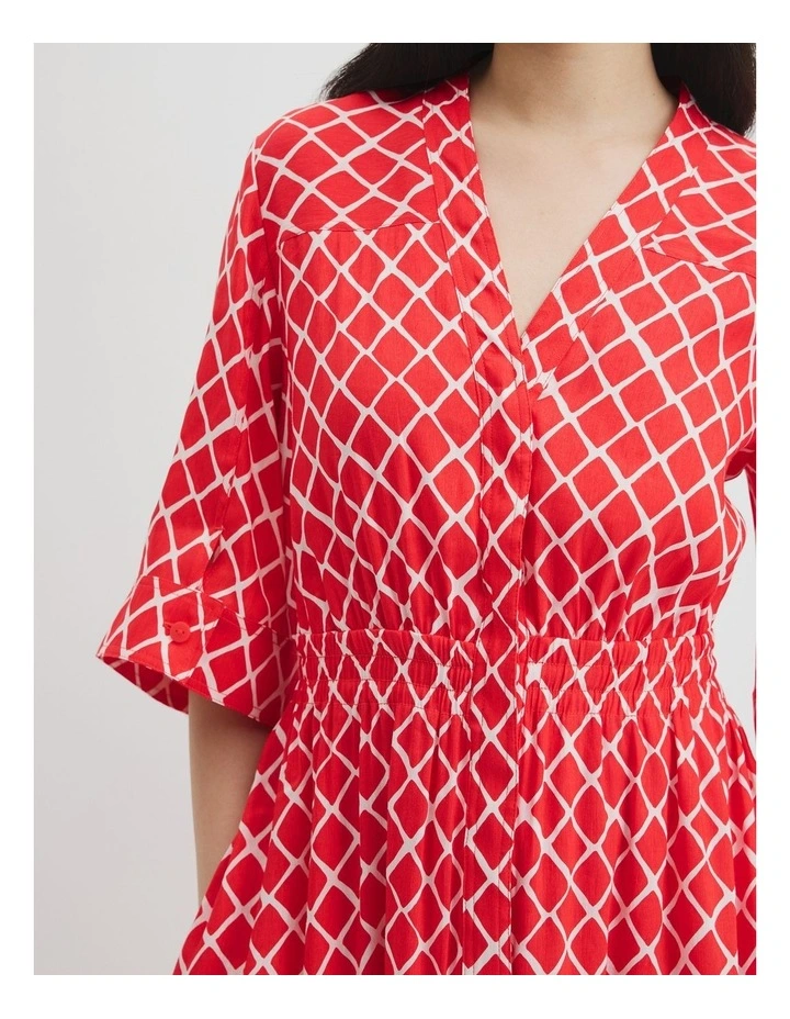 Organically Grown Linen Print Shirt Dress in Vivid Red Twisted Geo image 3