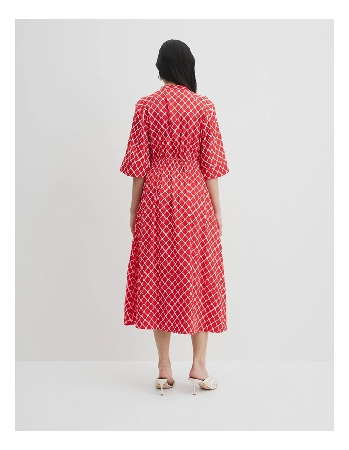 Organically Grown Linen Print Shirt Dress in Vivid Red Twisted Geo image 4