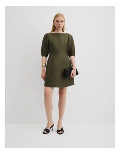 Linen Panelled Mini Dress in Deep Olive