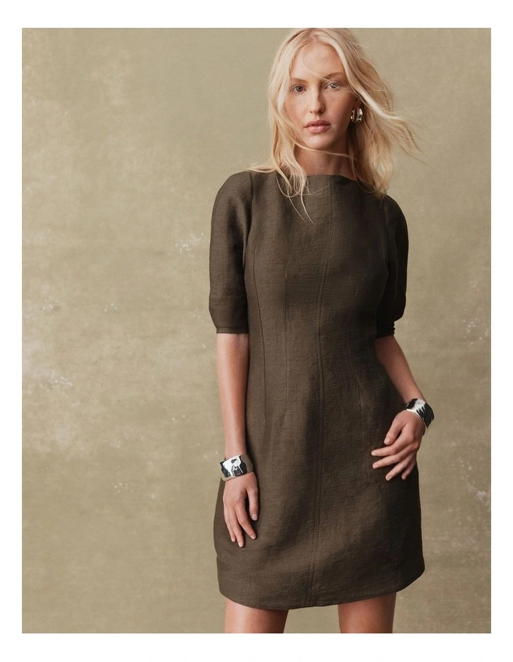 Linen Panelled Mini Dress in Deep Olive image 2