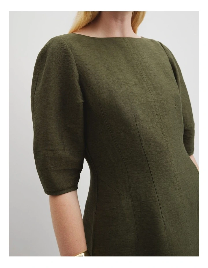 Linen Panelled Mini Dress in Deep Olive image 3