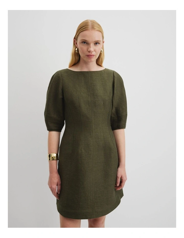 Linen Panelled Mini Dress in Deep Olive image 4