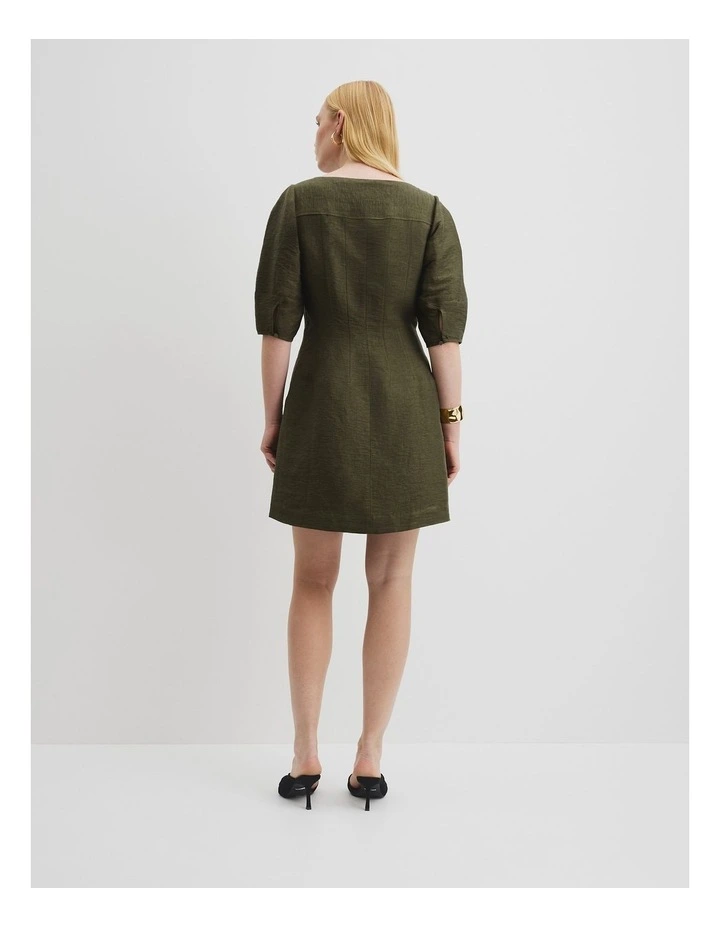Linen Panelled Mini Dress in Deep Olive image 5