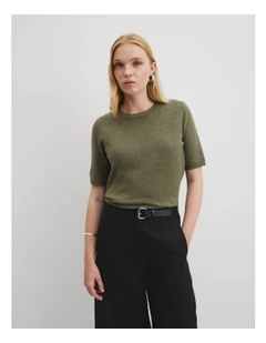 Organically Grown Cotton Linen Short Sleeve Knit T-shirt in Caper