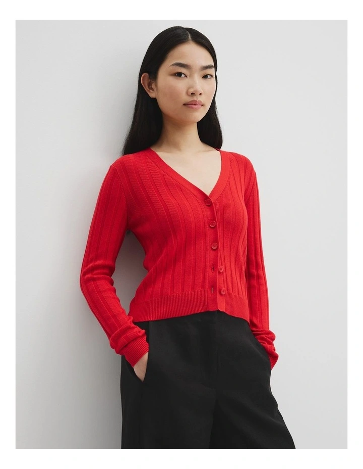 Organically Grown Cotton Blend Fitted Knit Cardigan in Vivid Red image 2