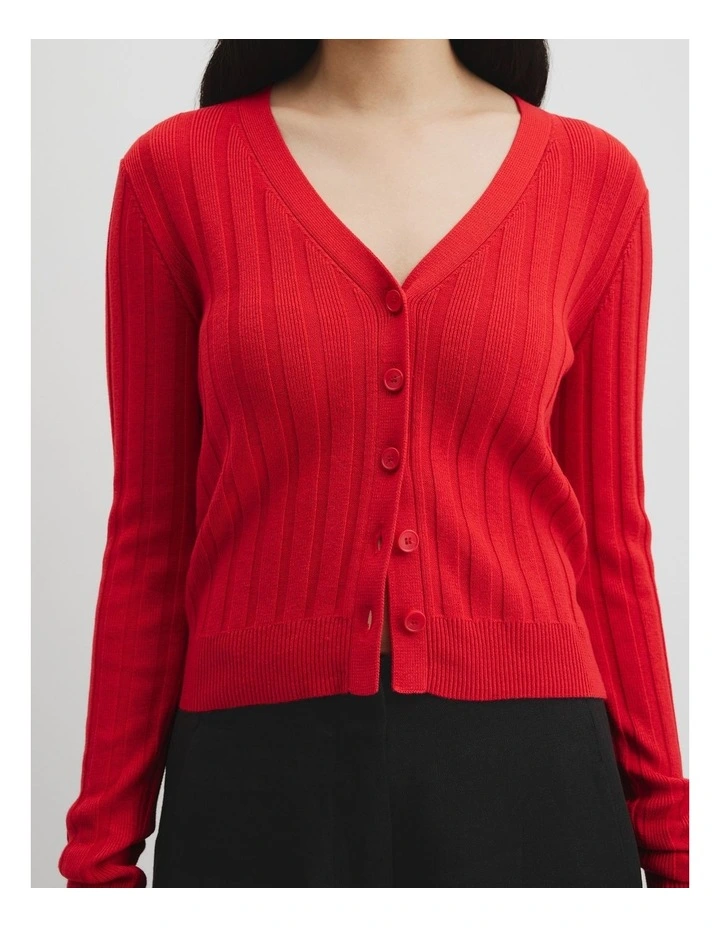 Organically Grown Cotton Blend Fitted Knit Cardigan in Vivid Red image 3