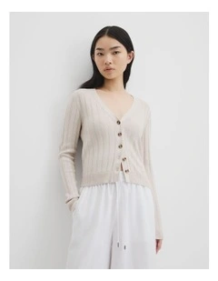 Organically Grown Cotton Blend Fitted Knit Cardigan in Tahini