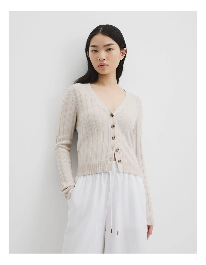 Organically Grown Cotton Blend Fitted Knit Cardigan in Tahini image 1
