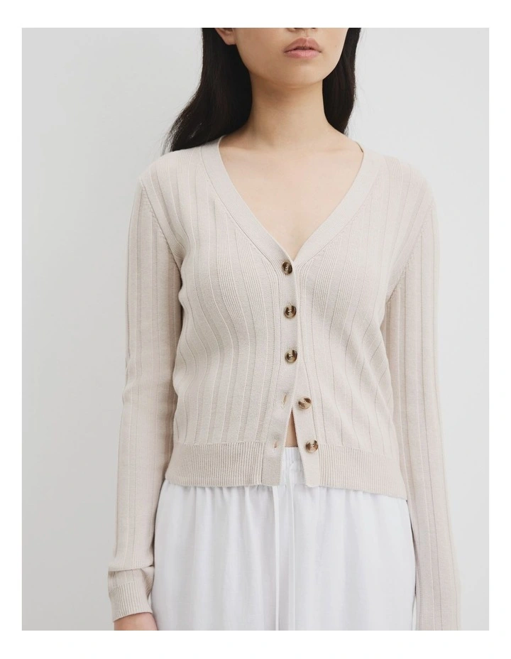 Organically Grown Cotton Blend Fitted Knit Cardigan in Tahini image 3