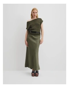 Organically Grown Cotton Asymmetric Tape Knit T-shirt in Deep Olive