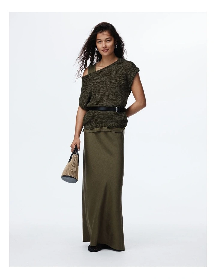 Organically Grown Cotton Asymmetric Tape Knit T-shirt in Deep Olive image 2