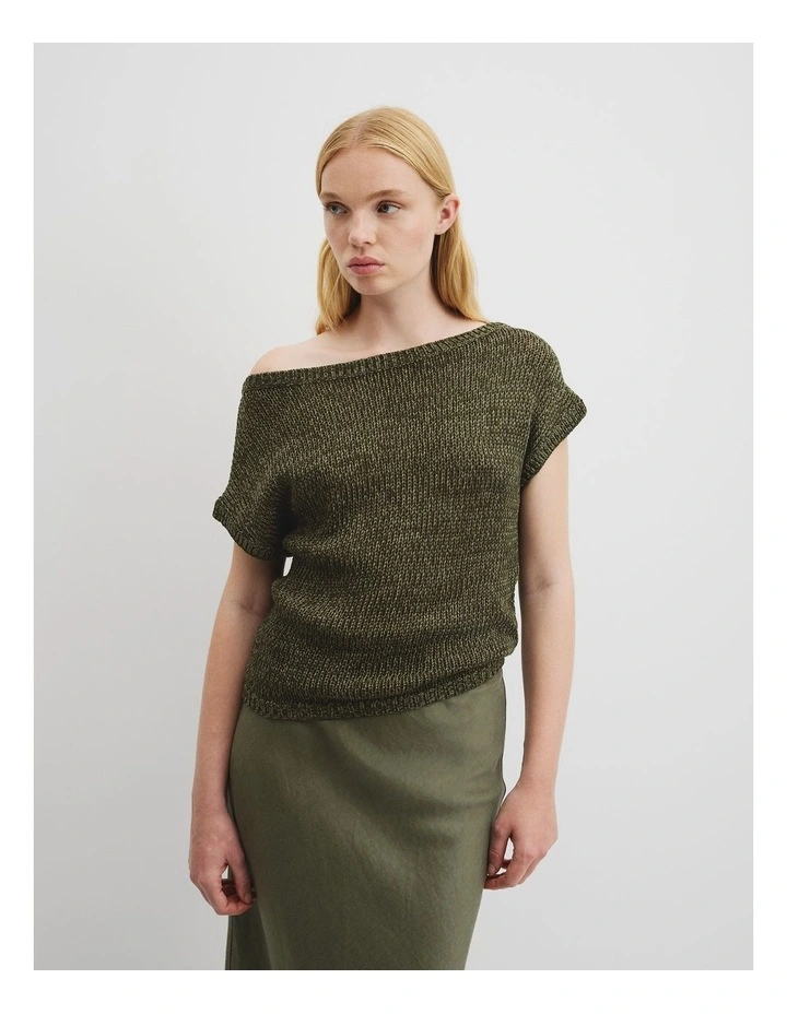 Organically Grown Cotton Asymmetric Tape Knit T-shirt in Deep Olive image 3