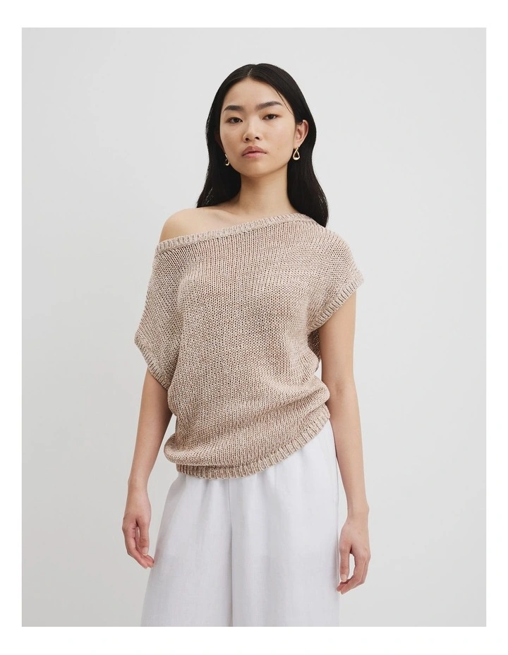 Organically Grown Cotton Asymmetric Tape Knit T-shirt in Tahini image 2