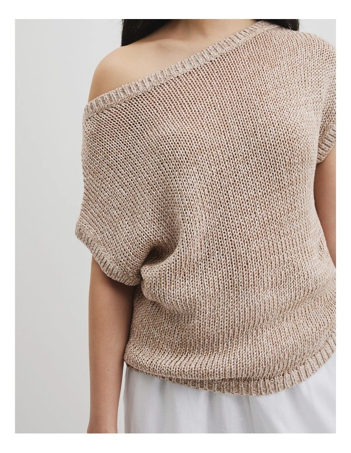 Organically Grown Cotton Asymmetric Tape Knit T-shirt in Tahini image 3