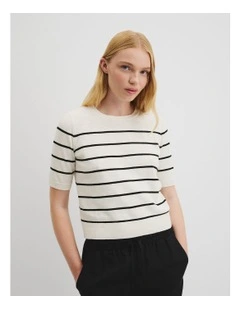 Organically Grown Cotton Linen Short Sleeve Knit T-shirt in Black Stripe